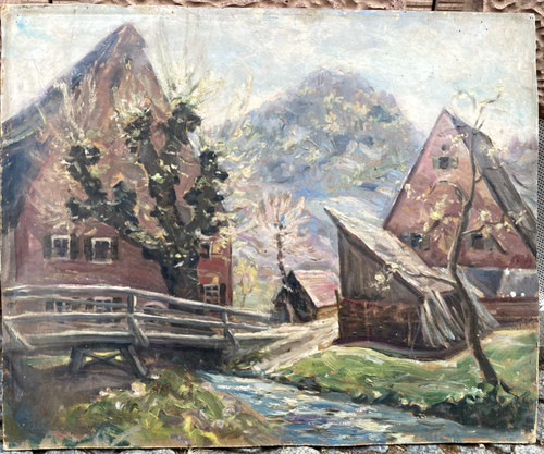 ölgemälde dorf bach mit - bach,